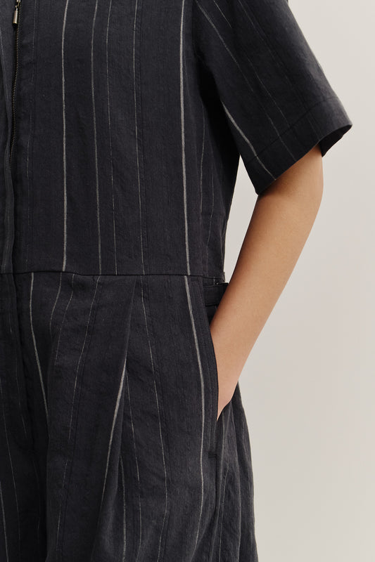 Women's jumpsuit, short-sleeved, cotton-linen blend, black with white stripes, workwear style.