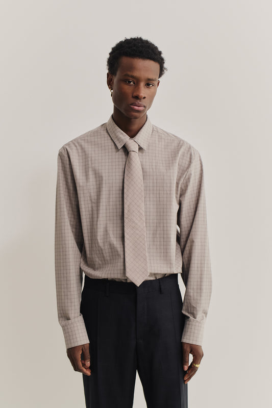 Men's accessories, cotton tie, light grey with dark grey squared check pattern.