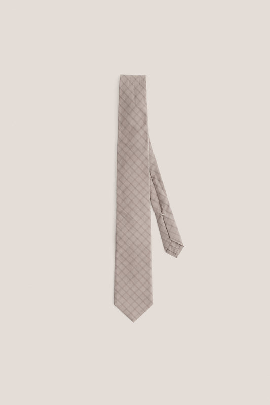 Men's accessories tie, organic cotton, light grey with dark grey squared check pattern.