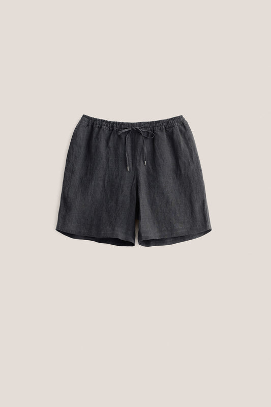 Men's shorts, 100% linen, plain weave, vintage-like texture, pre-shrunk, dry hand feel, black, elastic waist with pull cords.