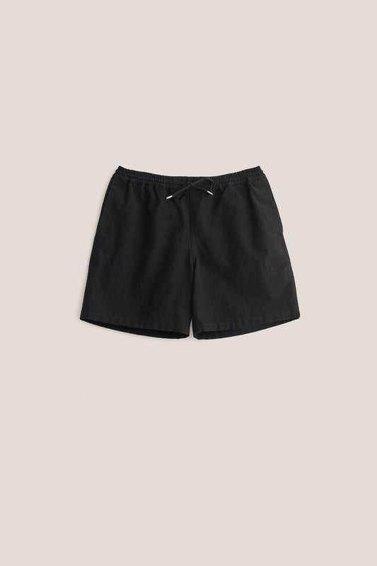 Men's shorts, black cotton blend with irregular wavy stripes, elastic waist, and pull cords.